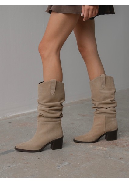 Dune Bej Süet Hakiki Deri Kadın Çizme