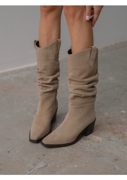 Dune Bej Süet Hakiki Deri Kadın Çizme