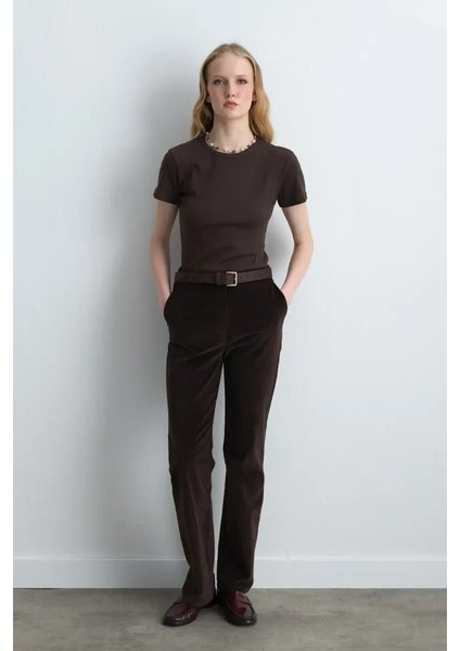 Anka Koleksiyonu Fitilli Kadife Boru Paça Pantolon - Kahverengi