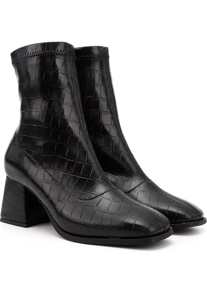 Kadın Siyah - Kroko Deri Görünümlü Kalın Topuklu Streç Bot fiyatları