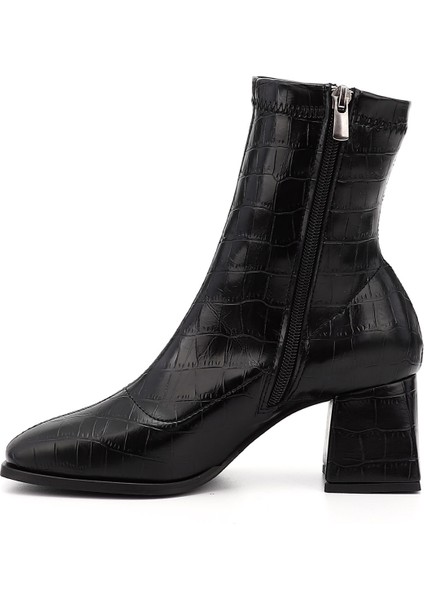 Kadın Siyah - Kroko Deri Görünümlü Kalın Topuklu Streç Bot modelleri