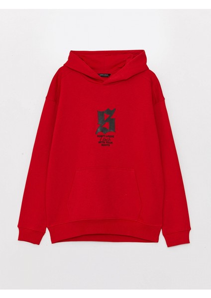 Xsıde Kırmızı Uzun Kollu Baskılı Erkek Kalın Hoodie