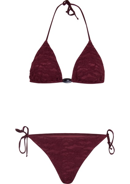 Boncuk Aksesuarlı Bordo Dantel Üçgen Bikini
