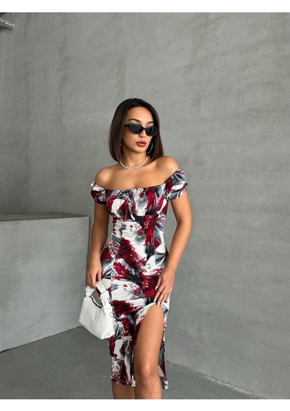 Baskılı Kısa Kol Vücuda Oturan Midi Elbise modelleri