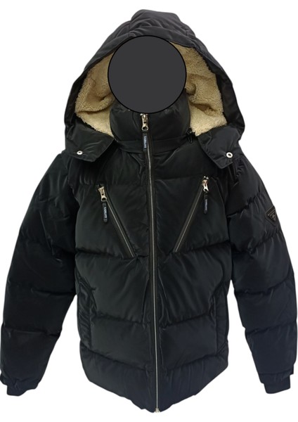 Erkek Çocuk / Kız Çocuk Çapraz Fermuar Model Kapüşonu Çıkabilen Içi Peluş Astarlı Siyah Mont
