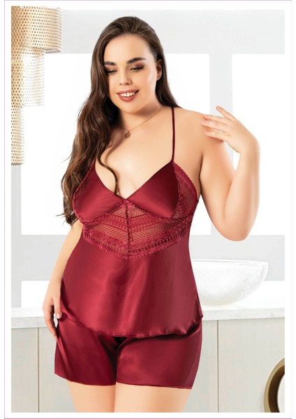 4231 Bordo Büyük Beden Dantelli Ip Askılı Sexy Saten Şortlu Gecelik