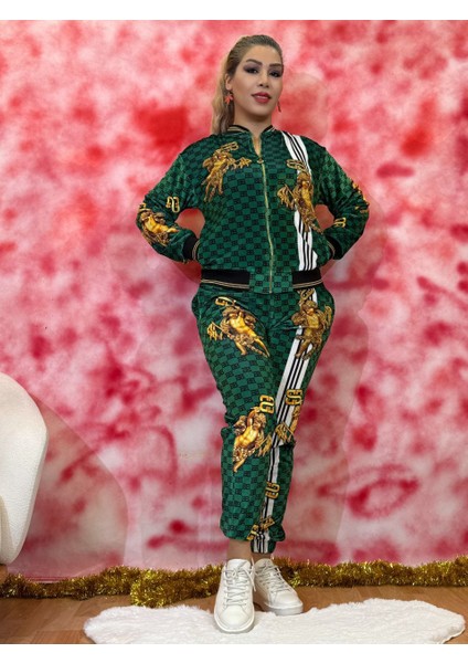 Takım Kadın Kadife Taş Işlemeli Eşofman Takımı – Fermuarlı Sweatshirt ve Pantolon Günlük Şık Spor