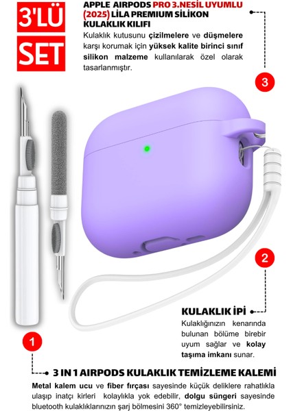 Pro 3.Nesil Uyumlu Lila Silikon Kulaklık Kılıfı, Kulaklık İpi Ve 3'ü 1 Arada Temizleme Kalemi Seti fiyatları