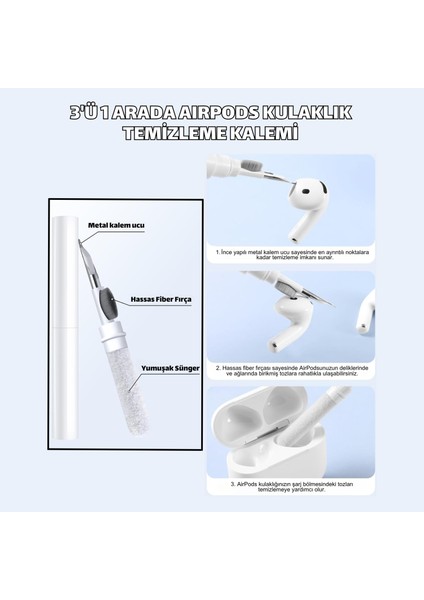 Pro 3.Nesil Uyumlu Açık Mavi Premium Silikon Kılıf, Kulaklık İpi, 3'ü 1 Arada Temizleme Kalemi Seti