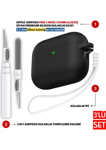 Pro 3.Nesil Uyumlu Siyah Silikon Kulaklık Kılıfı, Kulaklık İpi Ve 3'ü 1 Arada Temizleme Kalemi Seti