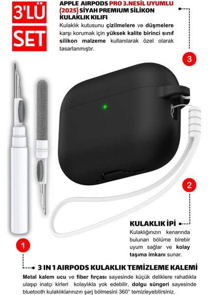 Pro 3.Nesil Uyumlu Siyah Silikon Kulaklık Kılıfı, Kulaklık İpi Ve 3'ü 1 Arada Temizleme Kalemi Seti fiyatları