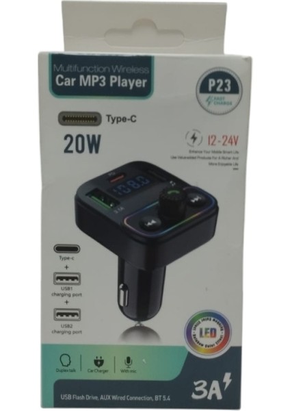 Multifunction Wireless P23 20W 3A Araç Bluetooth Bt 5.3 Çağrı Alıcısı Transmitter Mp3 Player fiyatları