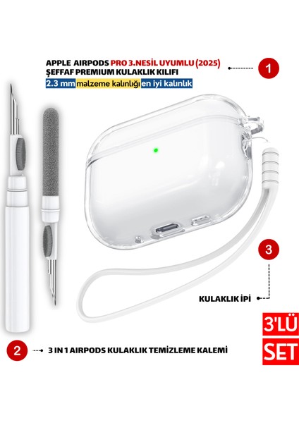 Pro 3.Nesil Uyumlu Şeffaf Premium Kulaklık Kılıfı, Kulaklık İpi ve 3'ü 1 Arada Temizleme Kalemi Seti