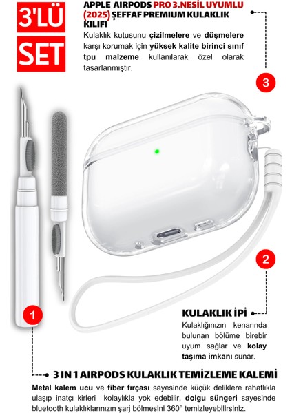 Pro 3.Nesil Uyumlu Şeffaf Premium Kulaklık Kılıfı, Kulaklık İpi ve 3'ü 1 Arada Temizleme Kalemi Seti fiyatları