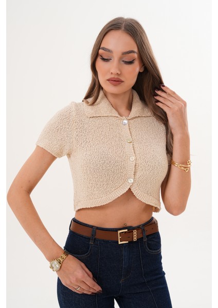 Düğme Detaylı Örme Crop fiyatları