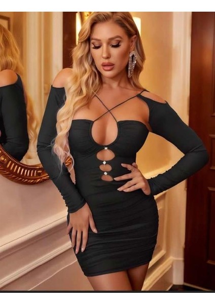 Arias Closet Siyah Göğüs Dekolteli Ip Detaylı Mini Club Elbisesi