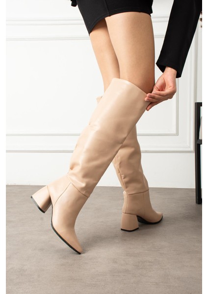 Carina Kadın Çizme Kalın Topuklu Bej Deri modelleri
