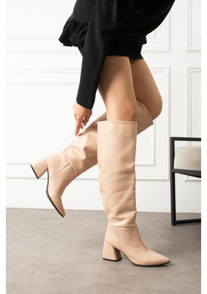 Carina Kadın Çizme Kalın Topuklu Bej Deri fırsatları