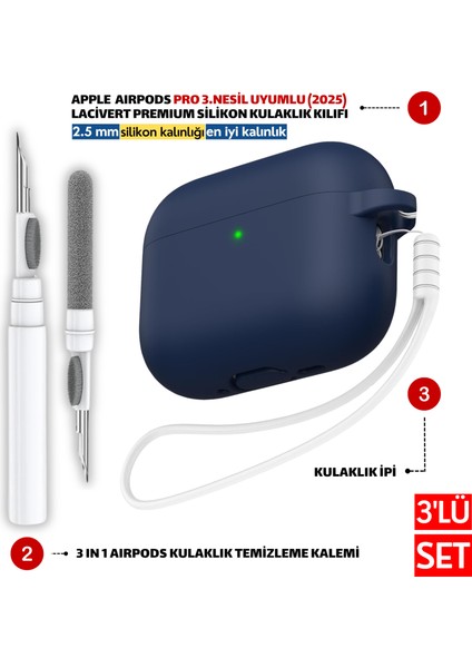 Pro 3.Nesil Uyumlu Lacivert Premium Silikon Kılıf, Kulaklık İpi Ve 3'ü 1 Arada Temizleme Kalemi Seti