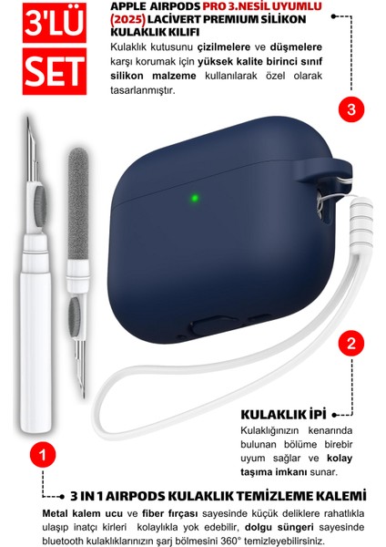 Pro 3.Nesil Uyumlu Lacivert Premium Silikon Kılıf, Kulaklık İpi Ve 3'ü 1 Arada Temizleme Kalemi Seti fiyatları