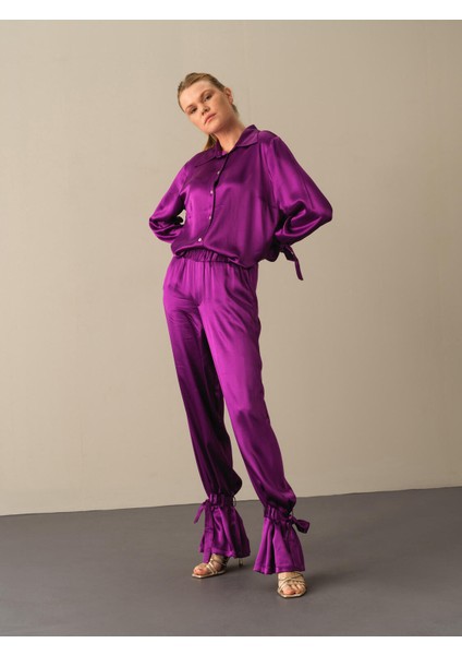 Kadın Mor Regular Fit Saten Pantolon