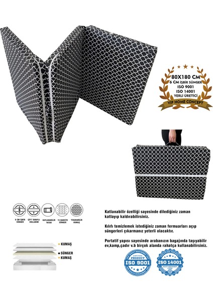Katlanır Yatak Yer Yatağı Sünger Yatak Taşınabilen Tek Kişilik 80X180 Kara Çatı 6 cm
