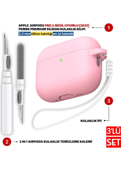 Pro 3.Nesil Uyumlu Pembe Silikon Kulaklık Kılıfı, Kulaklık İpi Ve 3'ü 1 Arada Temizleme Kalemi Seti