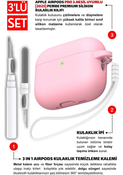 Pro 3.Nesil Uyumlu Pembe Silikon Kulaklık Kılıfı, Kulaklık İpi Ve 3'ü 1 Arada Temizleme Kalemi Seti fiyatları