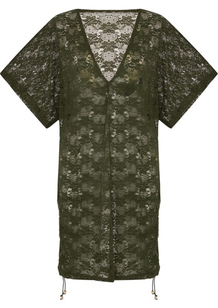 Yanı Sürgülü Haki Dantel V Yaka Tunik