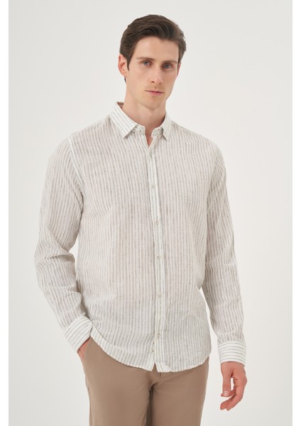 Erkek Yeşil Keten Trend Dynamic Fit Britli Yaka Gömlek