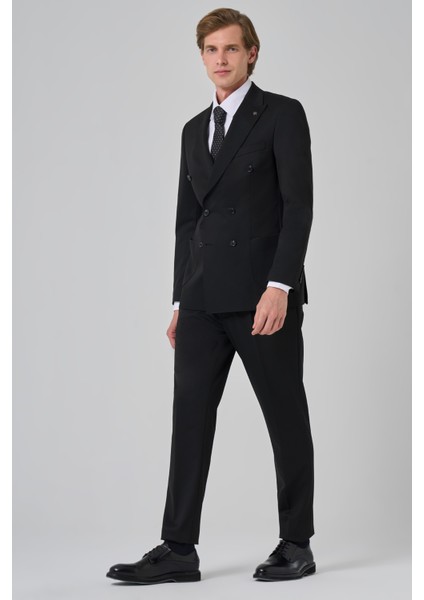 Erkek Siyah Poliviskon Trend Düz Desen Slim Fit Sivri Yaka Kruvaze Takım Elbise