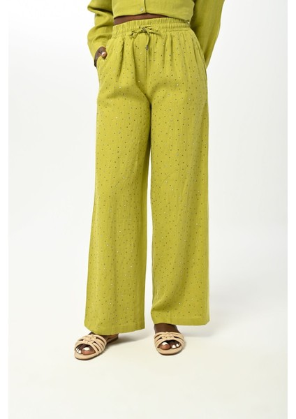 Kadın Beli Lastikli Bol Paça Önü Taş Işlemeli %100 Keten Pantolon