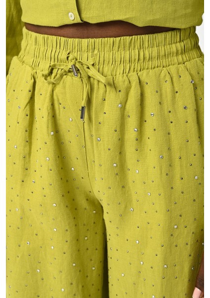 Kadın Beli Lastikli Bol Paça Önü Taş Işlemeli %100 Keten Pantolon fiyatları