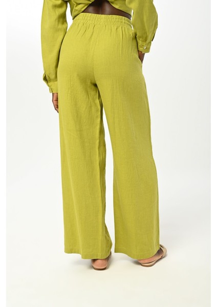 Kadın Beli Lastikli Bol Paça Önü Taş Işlemeli %100 Keten Pantolon modelleri