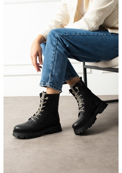 Ahuela Kadın Bot&bootie Taş Bağcıklı Postal Siyah Deri modelleri