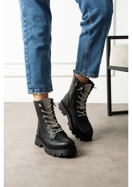 Ahuela Kadın Bot&bootie Taş Bağcıklı Postal Siyah Deri fırsatları