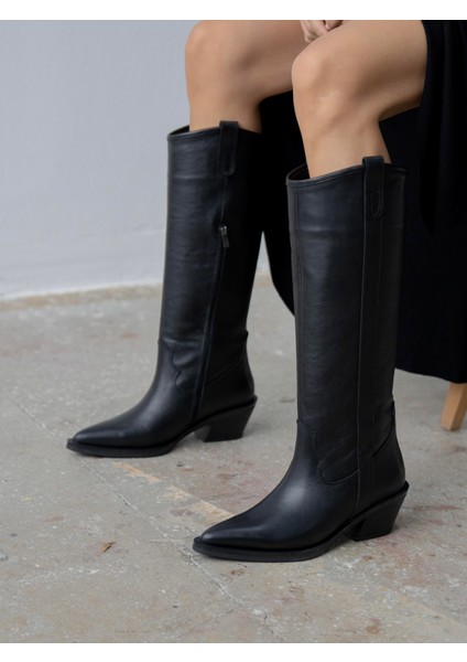 Emera Siyah Hakiki Deri Kadın Çizme