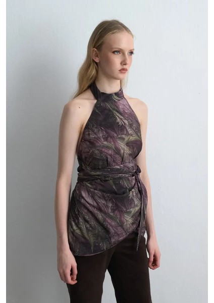 Anka Koleksiyonu Fularlı Halter Yaka Bluz - Mürdüm fırsatları