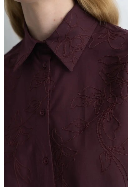 Çiçek Nakışlı Koton Gömlek - Bordo fiyatları