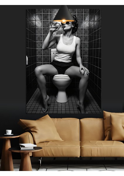 Klozette Oturan Siyah Beyaz Kadın Dekoratif Kanvas - Mdf Ahşap Tablo modelleri