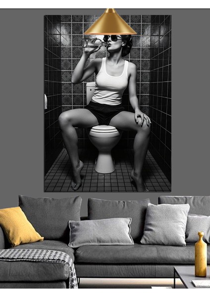 Klozette Oturan Siyah Beyaz Kadın Dekoratif Kanvas - Mdf Ahşap Tablo fırsatları