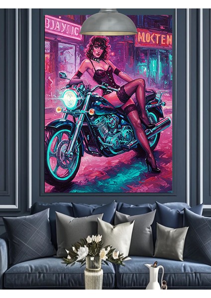 Jartiyerli Kadın ve Motosiklet Dekoratif Kanvas - Mdf Ahşap Tablo fiyatları