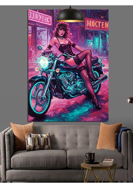 Jartiyerli Kadın ve Motosiklet Dekoratif Kanvas - Mdf Ahşap Tablo modelleri