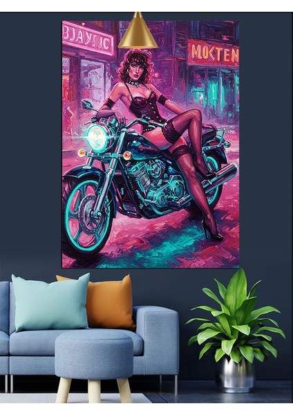 Jartiyerli Kadın ve Motosiklet Dekoratif Kanvas - Mdf Ahşap Tablo fırsatları