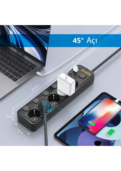3680W Anahtarlı Akım Korumalı 5'li Grup Priz Çocuk Korumalı 2x USB + 2x Type-C fiyatları