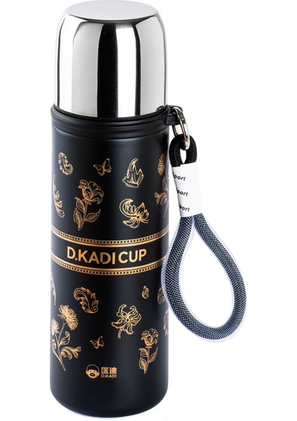 Okadı Çiçek Desenli Siyah Paslanmaz Çelik Termos 500ML