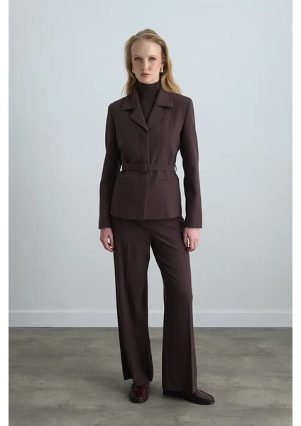 Beli Kemerli Blazer Ceket - Kahverengi