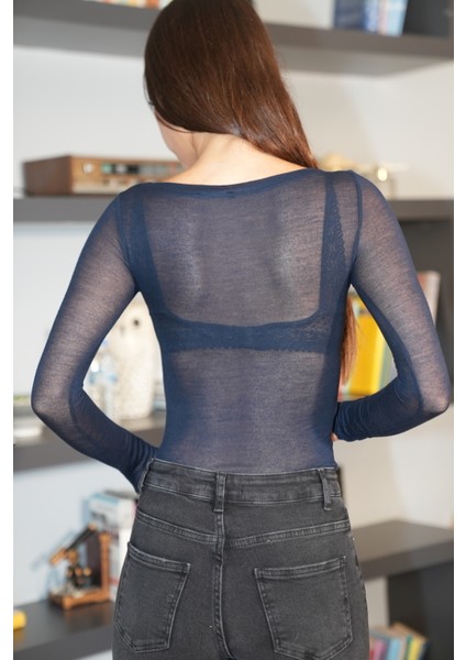 Lacivert Transparan Uzun Kol Bluz modelleri