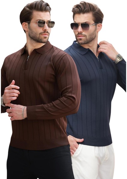 Kahverengi/lacivert Polo Yaka Fermuarlı 2'li Paket Örme Kazak E7456