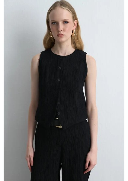 Anka Koleksiyonu Yuvarlak Yakalı Krinkıl Yelek - Siyah fiyatları